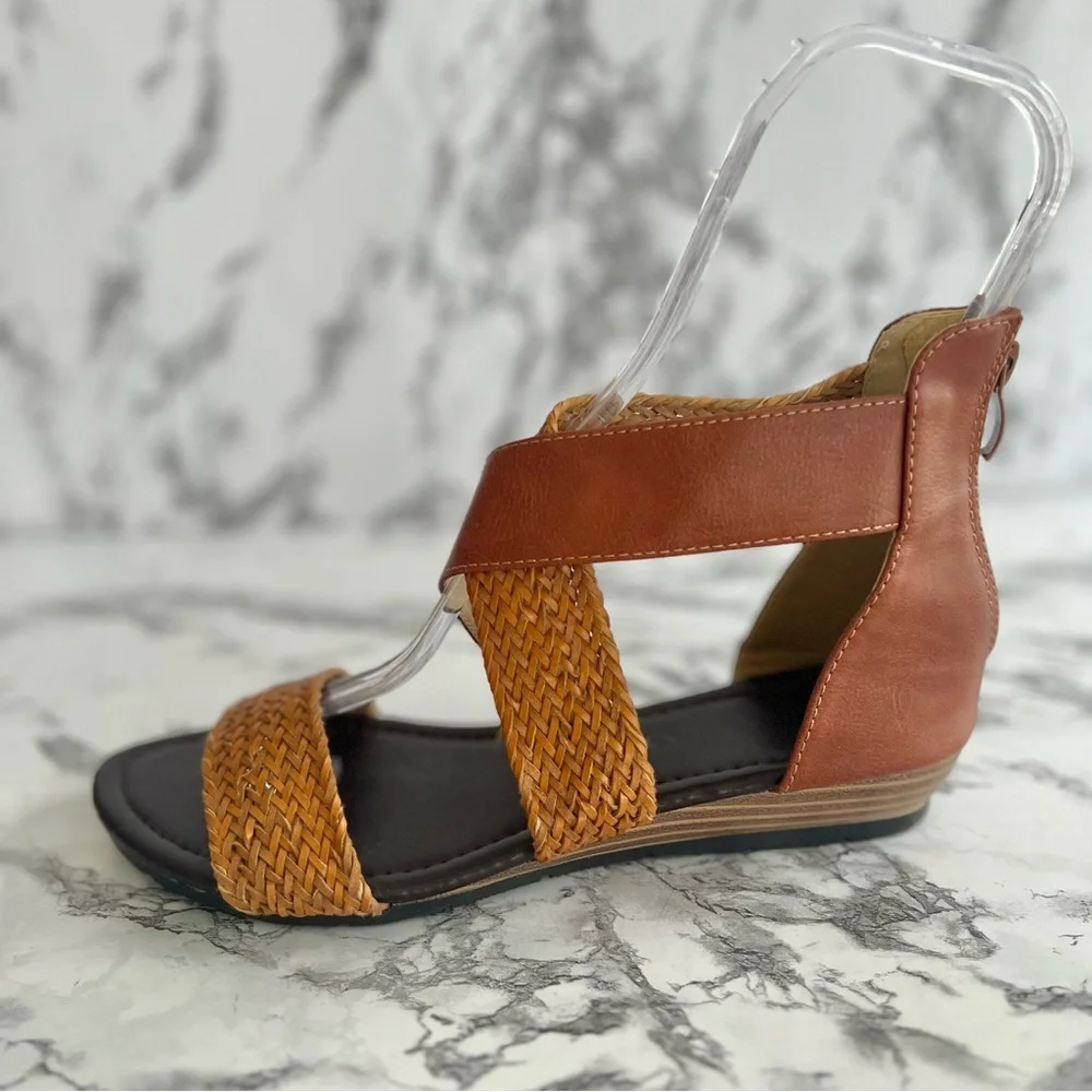Sandals Gladiator Braided Faux Leather Cognac Casual Back Zipper Flat 10